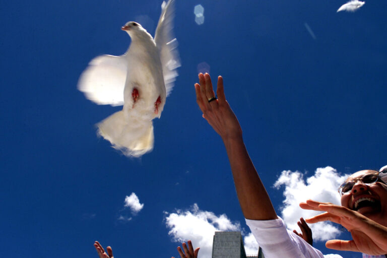 Brazilian Congressman Luiza Helena of the Workers Party (PT) releases doves during a protest outside the National Congress in Brasilia, Wednesday Feb. 26, 2003. Members of Congress protested a possible U.S.-led war against Iraq. (KEYSTONE/AP Photo/Eraldo Peres) === BRAZIL OUT ===
