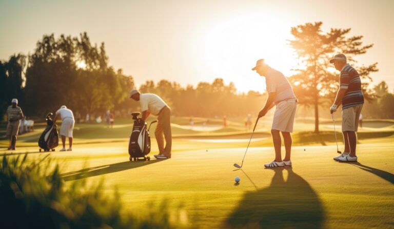 A group of seniors enjoying playing golf together outdoors at the country club. sunset in summer