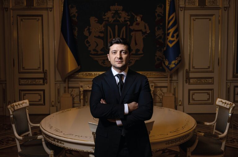 Volodymyr Zelenskiy, Ukraine's president, poses for a photograph following an interview at the presidential office in Kiev, Ukraine, on Friday, March 6, 2020. Zelenskiy defended a cabinet reshuffle that unnerved investors and dismayed voters whod backed him to clean up the countrys notoriously murky post-Soviet politics. Photographer: Alexey Furman/Bloomberg via Getty Images