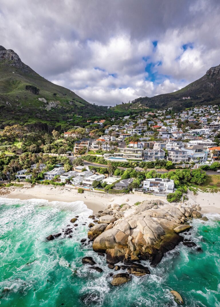 Aerial View of Camps bay in Cape Town, Western Cape, South Africa