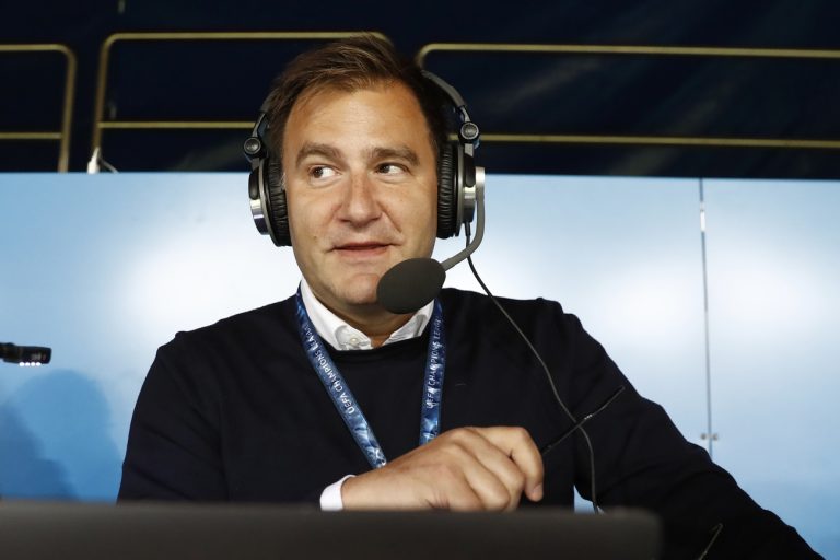 Sascha Ruefer, Swiss sports moderator for the Swiss TV SRF, looks on prior to the 2018 Fifa World Cup Russia group B qualification soccer match between Switzerland and Hungary in the St. Jakob-Park stadium in Basel, Switzerland, on Saturday, October 7, 2017. (KEYSTONE/Peter Klaunzer)