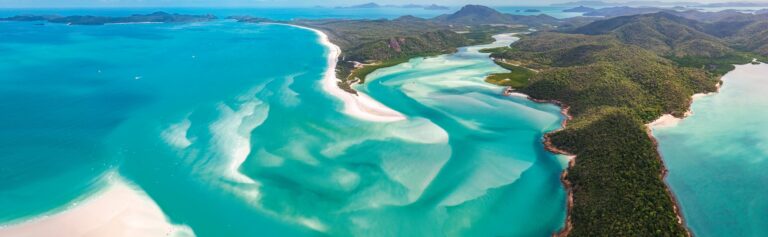 Panorama of Hill Inlet on a sunny day in Whitsundays Island in Great Barrier Reef, Australia