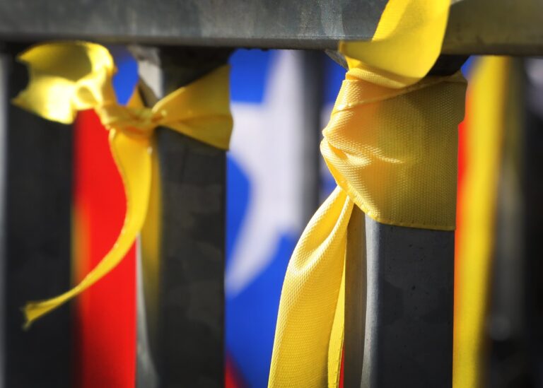 epa06636895 The Estelada blava flag, symbol of the Catalan Nationalists, and yellow ribbons are seen on a fence in front of the 'Justizvollzugsanstalt (JVA) Neumuenster' prison, where Puigdemont is detained in Neumuenster, Germany, 30 March 2018. German police on 25 March 2018 detained former Catalan leader Puigdemont after he crossed into Germany from Denmark. Puigdemont is sought by Spain who issued an European arrest warrant against the former leader who is living in exile in Belgium. EPA/FOCKE STRANGMANN