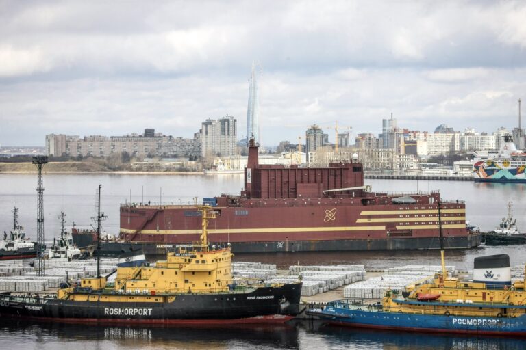 epa06699009 A handout photo made available by Greenpeace shows the 'Akademik Lomonosov', the world's first floating nuclear power plant, leaves St. Petersburg, Russia, 28 April 2018. The plant, owned and operated by Russian state controlled nuclear giant Rosatom, will pass through Estonian, Danish, Swedish and Norwegian waters towards Murmansk. The 'Akademik Lomonosov', the first in a series of floating nuclear plants planned, will be fuelled, tested and in 2019 towed 5,000 kilometres through the Northern Sea Route and put to use near Pevek, in the Chukotka Region. EPA/NIKOLAI GONTAR/GREENPEACE / HANDOUT HANDOUT EDITORIAL USE ONLY/NO SALES