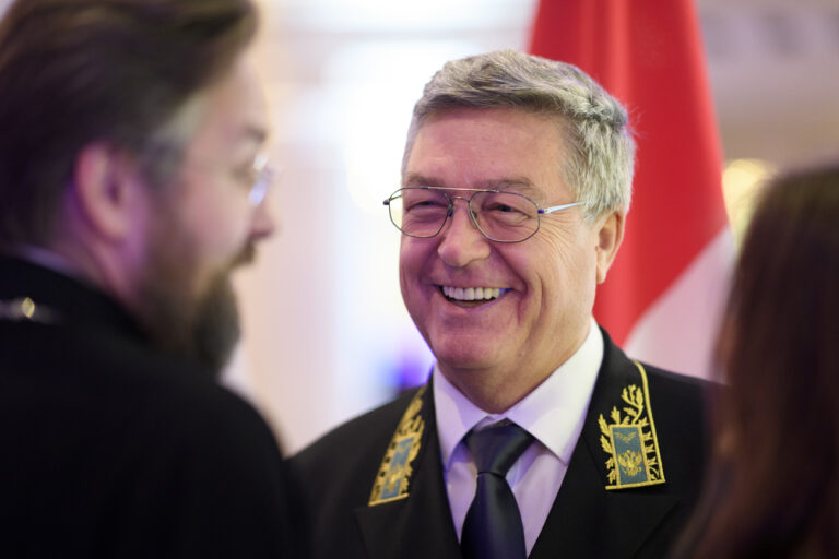 Sergei Garmonin, Ambassador of Russia, pictured during the broadcast of the FIFA World Cup 2018 group C soccer match between Russia and Saudi Arabia, this Thursday, June 14, 2018 in Bern, Switzerland. This broadcasting is organized by Sergei Garmonin, Ambassador of Russia, at the Hotel Bellevue Palace. (KEYSTONE/Anthony Anex)