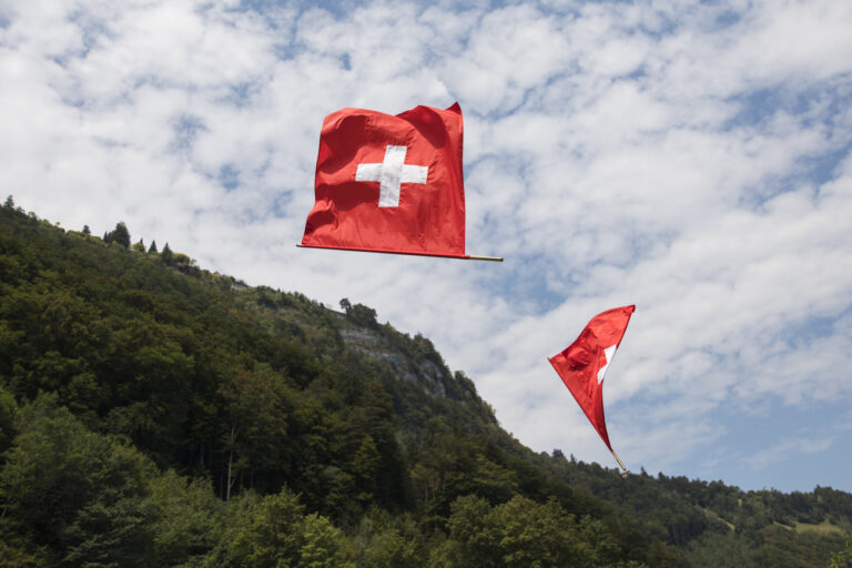 Fahnen von Fahnenschwingern fliegen durch die Luft, bei der 1. August-Feier auf dem Ruetli, am Mittwoch, 1. August 2018. (KEYSTONE/Peter Klaunzer)