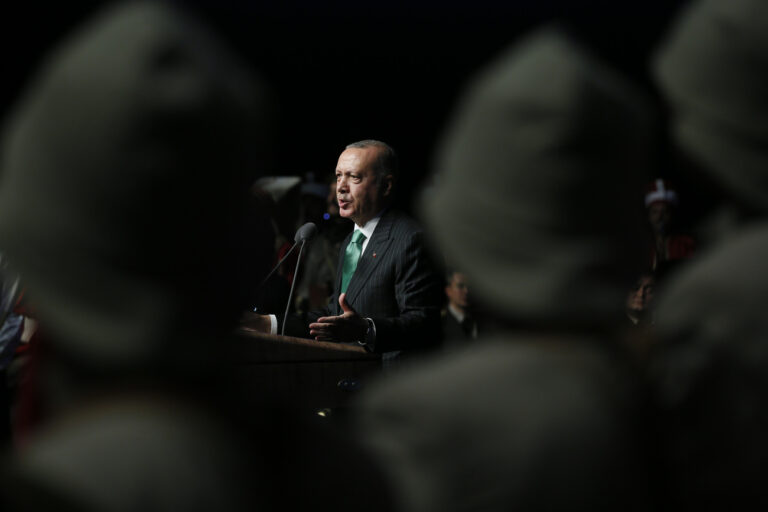 Turkey's President Recep Tayyip Erdogan delivers a speech at a veterans' day event in Ankara, Turkey, Wednesday, Sept. 19, 2018. (Presidential Press Service via AP)