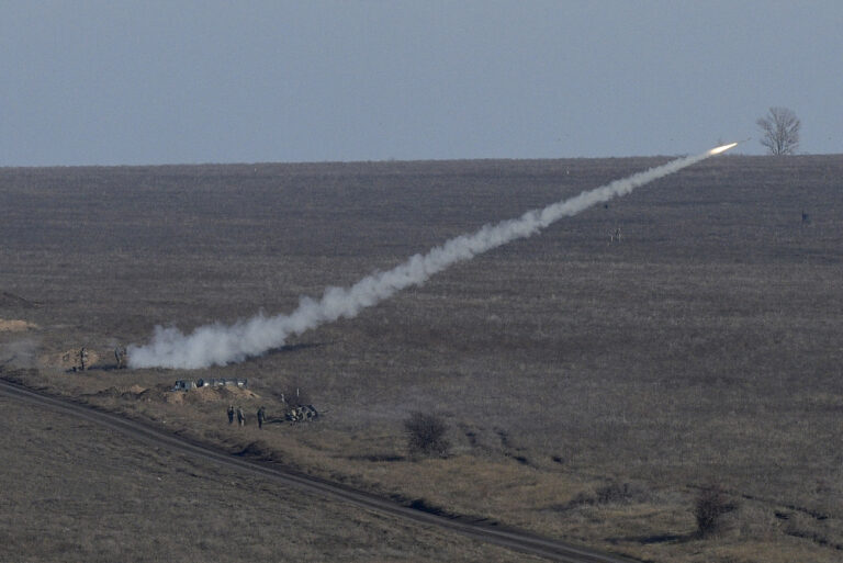 Ukrainian soldiers launch anti-aircraft rocket during military exercises near Urzuf, south coast of Azov sea, eastern Ukraine, Thursday, Nov. 29, 2018. Ukraine put its military forces on high combat alert and announced martial law this week after Russian border guards fired on and seized three Ukrainian ships in the Black Sea. (AP Photo/Evgeniy Maloletka)