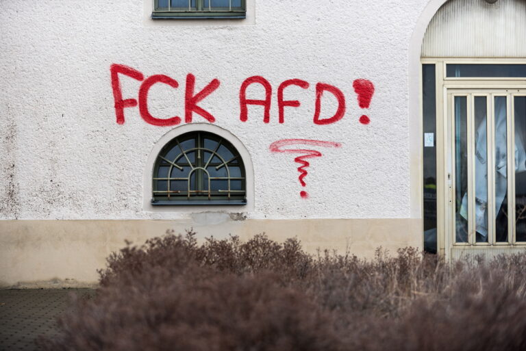 epa07277289 'FCK AFD!' (Fuck Afd) is written on a wall during a demonstration against the convention of the German right-wing 'Alternative for Germany' party ('Alternative fuer Deutschland' AfD) Riesa, Germany, 12 January 2019. The AfD gathers from 11 to 14 January 2019 in Riesa, for the election of their candidates for the European elections. European elections take place from 23 to 26 May 2019. EPA/MARKUS HEINE