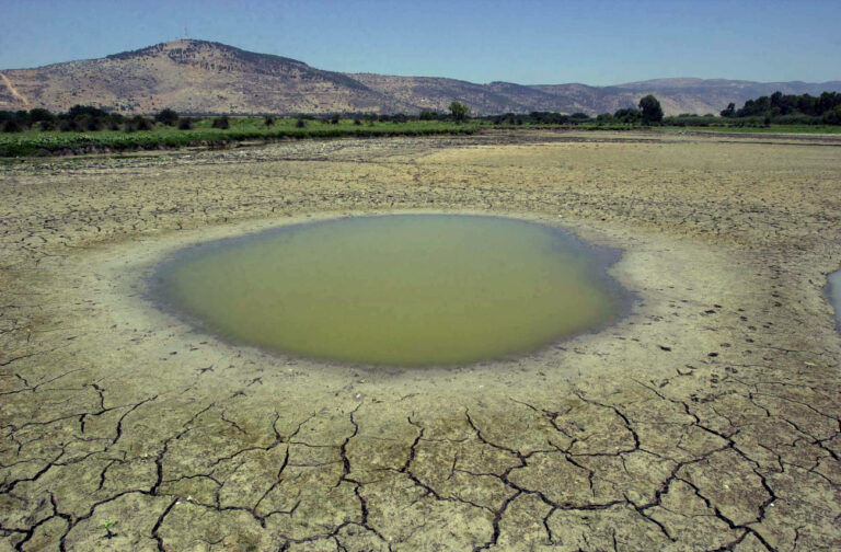 A puddle of water, where there used to be a lake, is left in the Hula Valley in northern Israel, June 26, 2001. Among the other acient Middle East intricacies now in play, analysts on both sides say there is also a water war as the area faces what experts say is a drought. (KEYSTONE/AP Photo/Yaron Kaminsky) === ISRAEL OUT ===