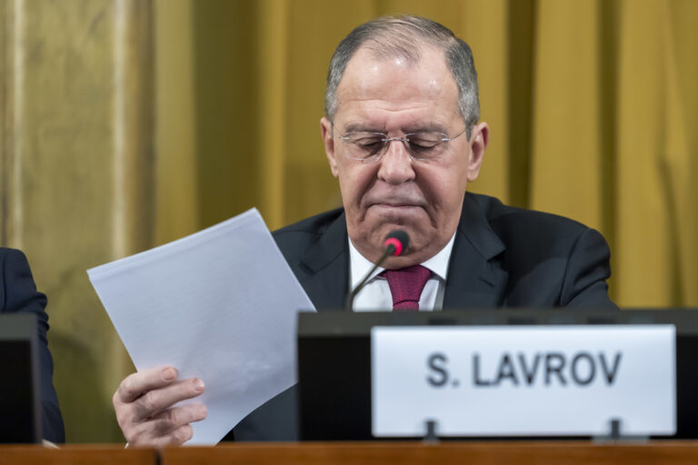 Russian Foreign Minister Sergey Lavrov, delivers a speech during the Disarmament Conference on Disarmament, at the European headquarters of the United Nations, in Geneva, Switzerland, Wednesday, March 20, 2019. (KEYSTONE/Martial Trezzini)