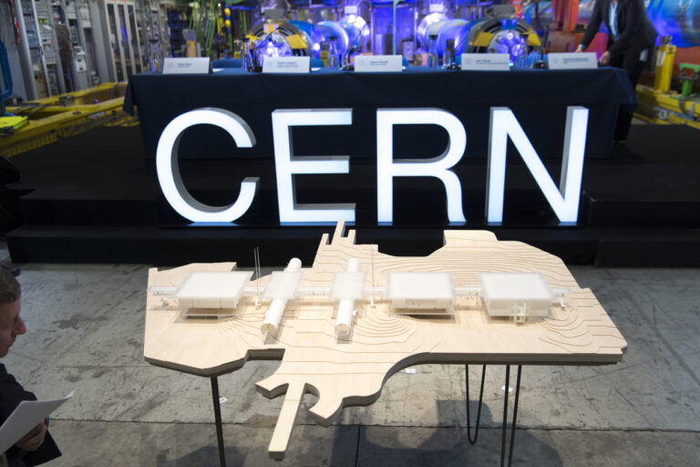 The scale model of the building of the Science Gateway during the unveiling of the new Science Gateway project of the European Organization for Nuclear Research, CERN, in Meyrin, Switzerland, Monday, April 8, 2019. As part of its mission to educate and engage the public in science, CERN is launching the Science Gateway, a new facility dedicated to scientific education and outreach. (KEYSTONE/Laurent Gillieron)