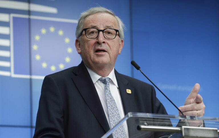 epa07497810 European Commission President Jean-Claude Juncker speaks at a press conference after a special EU summit on Brexit at the European Council in Brussels, Belgium, 11 April 2019. EU leaders gathered for an emergency summit in Brussels to discuss a new Brexit extension. EPA/OLIVIER HOSLET
