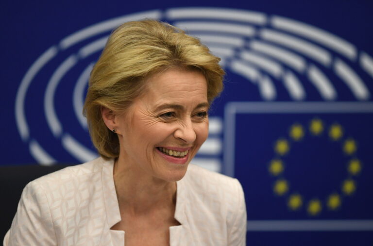 epa07720990 German Defense Minister Ursula von der Leyen and nominated President of the European Commission reacts after a vote at the European Parliament in Strasbourg, France, 16 July 2019. European Parliament voted in favor of Ursula von der Leyen as the new President of the European Commission. EPA/PATRICK SEEGER