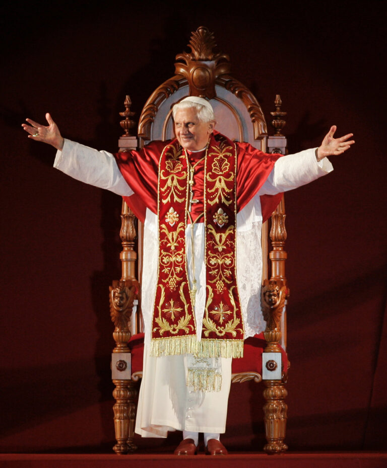Pope Benedict XVI gestures during an event at Pacaembu Stadium in Sao Paulo, Thursday, May 10, 2007. (AP Photo/Silvia Izquierdo)