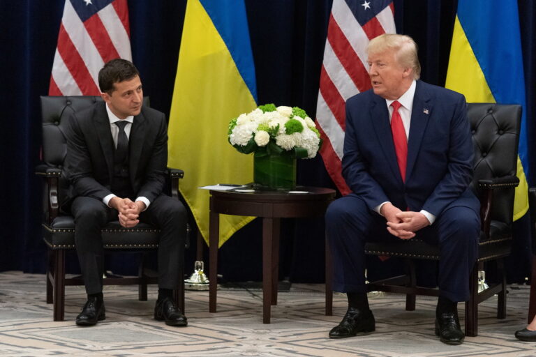 epa07869482 A handout photo made available by Ukraine Presidential Press Service shows Ukraine's President Volodymyr Zelensky (L) and US President Donald J. Trump (R) during a meeting on the sidelines of the 74th session of the United Nations General Assembly in New York, New York, USA, 25 September 2019. The annual meeting of world leaders at the United Nations runs until 30 September 2019. EPA/UKRAINE PRESIDENTIAL PRESS SERVICE / HANDOUT HANDOUT EDITORIAL USE ONLY/NO SALES