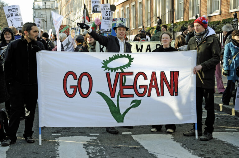 Go Vegan banner at the Climate Change March London, UK. (KEYSTONE/NATURE PICTURE LIBRARY/Pat Tuson). (KEYSTONE/NATURE PICTURE LIBRARY/PAT TUSON)