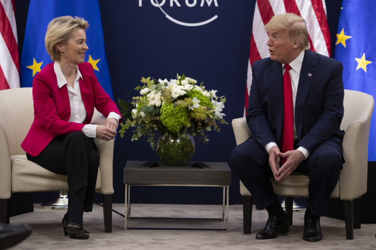 President Donald Trump meets with European Commission President Ursula von Der Leyen at the World Economic Forum, Tuesday, Jan. 21, 2020, in Davos, Switzerland. (AP Photo/ Evan Vucci)