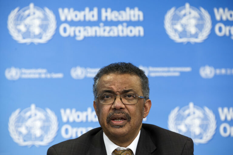 Tedros Adhanom Ghebreyesus, Director General of the World Health Organization (WHO), informs to the media about the update on the situation regarding the novel coronavirus (2019-nCoV), during a press conference, at the World Health Organization (WHO) headquarters in Geneva, Switzerland, Wednesday, February 5, 2020. (KEYSTONE/Salvatore Di Nolfi)