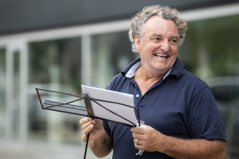 Swiss Actor Marco Rima attends a protest against the Swiss government's measures to slow down the spread of the coronavirus disease (COVID-19), at the Turbinenplatz in Zurich, Switzerland, Saturday, September 19, 2020. (KEYSTONE/Ennio Leanza)