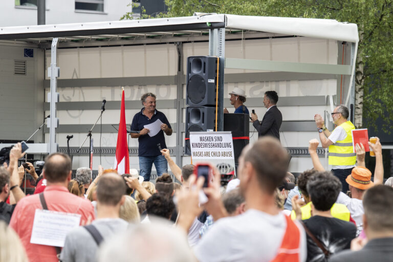 Swiss Actor Marco Rima attends a protest against the Swiss government's measures to slow down the spread of the coronavirus disease (COVID-19), at the Turbinenplatz in Zurich, Switzerland, Saturday, September 19, 2020. (KEYSTONE/Ennio Leanza)