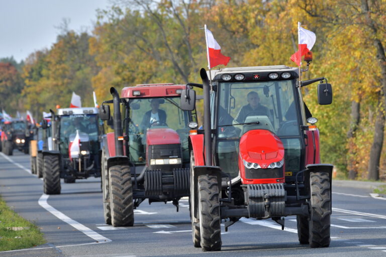 epa08725940 Farmers of AGROunia take part in a farmers' nationwide protest on a street in Trzebucza village, east-central Poland, 07 October 2020. Farmers associated with the AGROunia movement are demanding changes in the animal protection law. EPA/Przemyslaw Piatkowski POLAND OUT