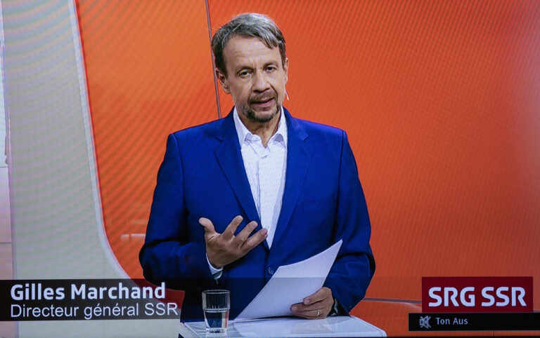Gilles Marchand, Generaldirektor SRG spricht an einer Livestream Medienkonferenz, am Freitag, 16. April 2021, in Bern. Die Leitung der SRG nimmt Stellung zu Belaestigungsvorwuerfen vom November 2020. (KEYSTONE/Peter Schneider)