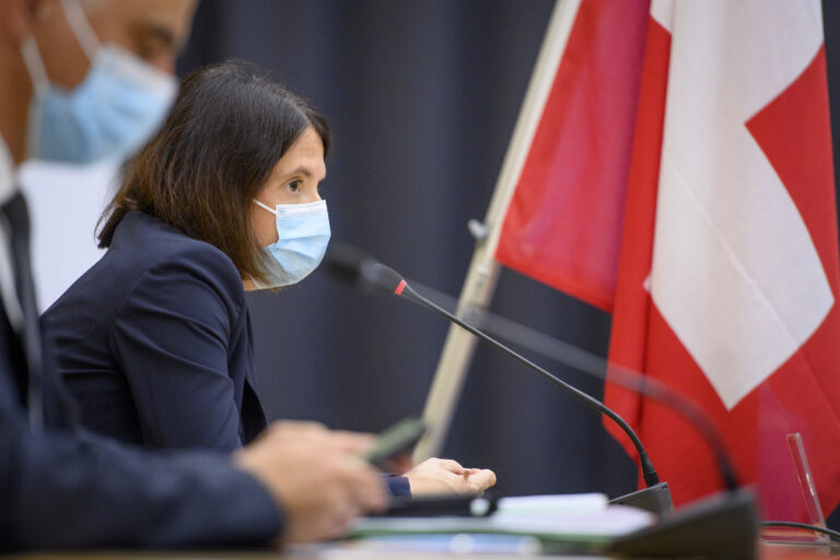 Swiss Ambassador Nora Kronig Romero, Head of International Affairs Division and Vice Director the Federal Office of Public Health speaks during a press conference on the sideline of the opening of the 74th World Health Assembly, WHA, of the World Health Organization (WHO), in Geneva, Switzerland, Monday, May 24, 2021. (KEYSTONE/Laurent Gillieron)