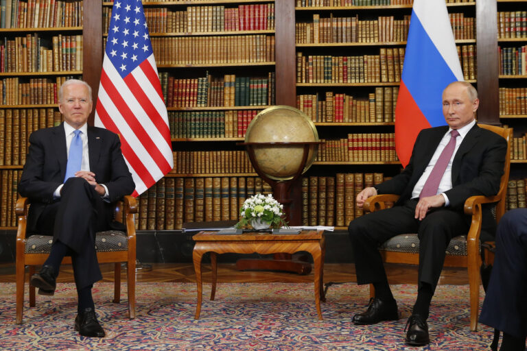 U.S. President Joe Biden, left, and Russia's President Vladimir Putin, right, meet for the U.S.-Russia summit at Villa La Grange in Geneva, Switzerland, Wednesday, June 16, 2021. (KEYSTONE/REUTERS POOL/Denis Balibouse)