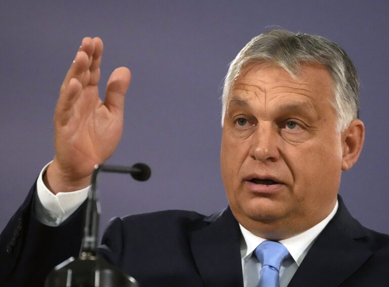 Hungarian Prime Minister Viktor Orban speaks during a press conference after a meeting with Serbian President Aleksandar Vucic in Belgrade, Serbia, Thursday, July 8, 2021. Orban is on a one-day official visit to Serbia. (AP Photo/Darko Vojinovic)