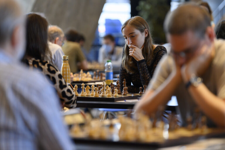 Chess players compete at the 54st Biel International Chess Festival, during the coronavirus disease (COVID-19) outbreak, in the Congress Center in Biel, Switzerland, on Friday, July 30, 2021. (KEYSTONE/Anthony Anex)