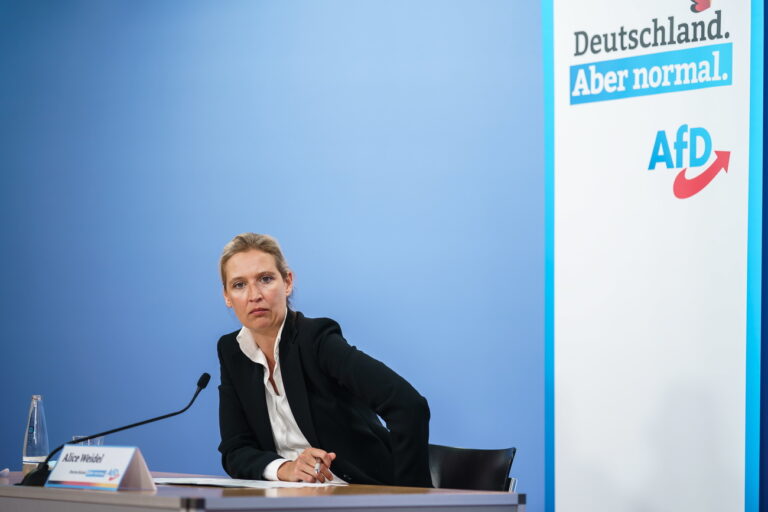 epa09407324 Alternative for Germany party (AfD) deputy chairwoman and top candidate for the upcoming federal elections Alice Weidel attends a press conference on the campaign start for the federal elections in Berlin, Germany, 09 August 2021. The AfD is about to start their election campaign on 10 August 2021 in the east German town of Schwerin. The federal German elections will be held on 26 September 2021. EPA/CLEMENS BILAN