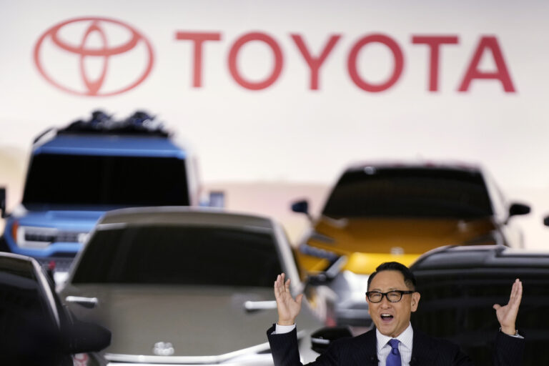 Toyota Motor Corp. President Akio Toyoda speaks during a press conference regarding battery EV strategies Tuesday, Dec. 14, 2021, in Tokyo. (AP Photo/Eugene Hoshiko)