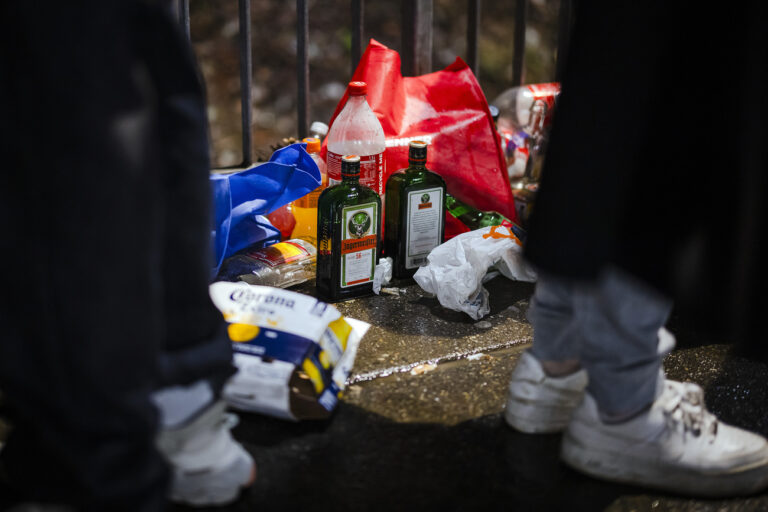 Bottles of alcohol and garbage is seen outside a night club in Zurich on New Year's Eve in Zurich, Switzerland, on Friday, December 31, 2021. Swiss government announced no new restrictions on Friday despite rising COVID-19 cases allowing night clubs, bars and restaurants to remain open until further assessment. (KEYSTONE/Michael Buholzer)