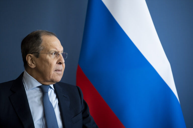 Russian Foreign Minister Sergei Lavrov, reacts during a meeting with Switzerland's President and head of the Federal Department of Foreign Affairs Ignazio Cassis on the sidelines of the US - Russia summit in Geneva, Switzerland, Friday, January 21, 2022. (KEYSTONE/Pool/Jean-Christophe Bott)