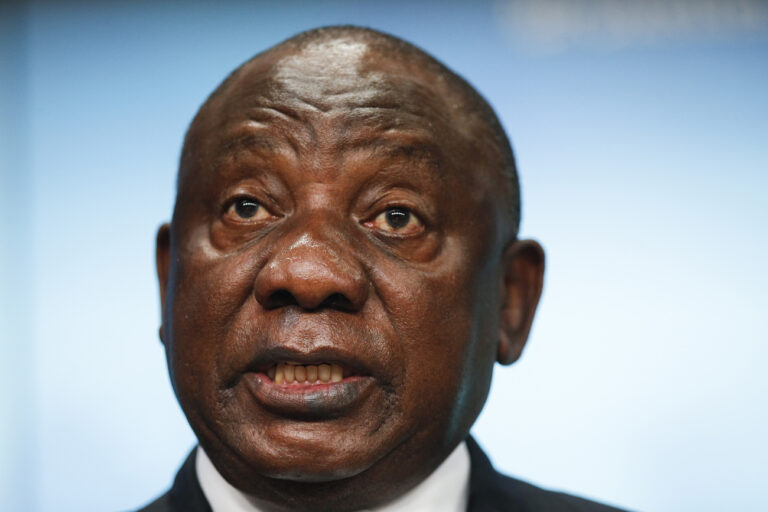South Africa's President Cyril Ramaphosa speaks during a media conference at an EU Africa summit in Brussels, Friday, Feb. 18, 2022. European Union leaders on Thursday lauded the bloc's vaccine cooperation with Africa in the fight against the coronavirus, but there was no sign they would move toward a temporary lifting of intellectual property rights protection for COVID-19 shots. (Johanna Geron, Pool Photo via AP)