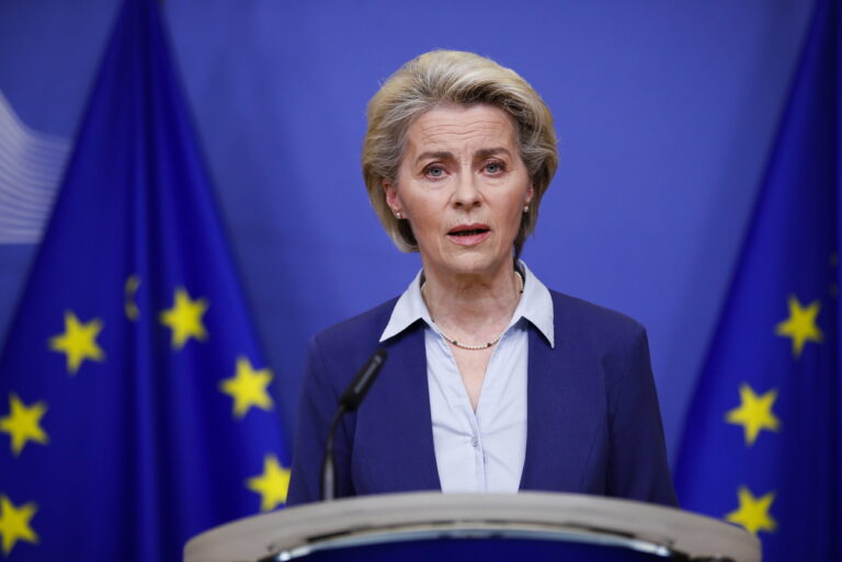 epa09777251 European Commission President Ursula von der Leyen delivers a statement following the conclusion of an EU Foreign Ministers' meeting on the crisis in Ukraine, in Brussels, Belgium 22 February 2022. Von der Leyen said she 