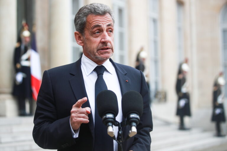 epa09783910 Former French President Nicolas Sarkozy talks to the press after a meeting in the Elysee Palace in Paris, France, 25 February 2022. French President Macron meets with Former French Presidents Hollande and Sarkozy at the Elysee Palace in Paris to discuss Russia-Ukraine conflict. EPA/Mohammed Badra