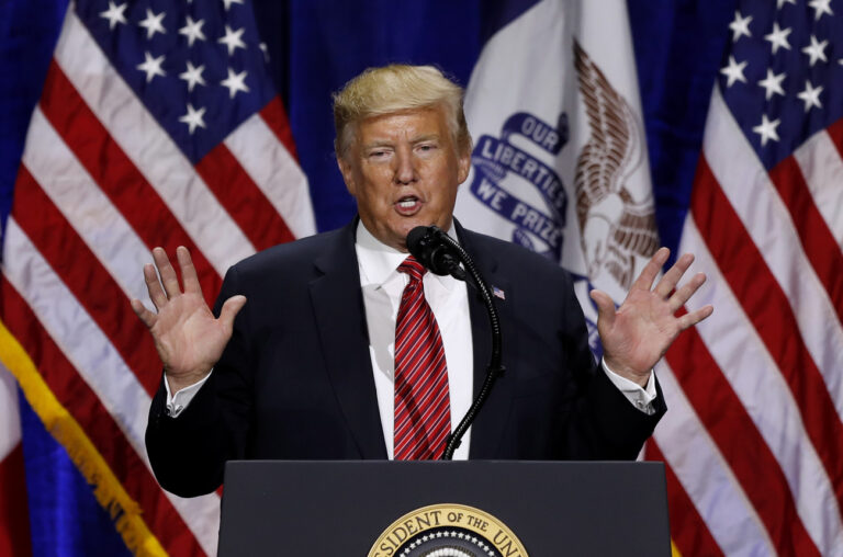 FILE - President Donald Trump speaks during the Republican Party of Iowa's America First Dinner, June 11, 2019, in West Des Moines, Iowa. Trump reshaped Republican foreign policy with his 