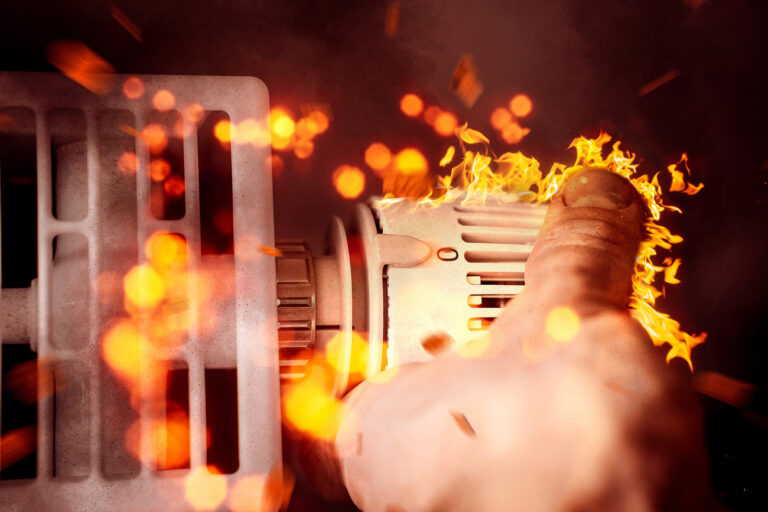 Eine Hand dreht einen brennenden Heizkörper in Flammen aus, Heizung Thermostat Brennt, Symbolbild Preis Explosion für Energie, Strom, Gas und Öl Heizkosten FOTOMONTAGE (KEYSTONE/CHROMORANGE/Michael Bihlmayer)