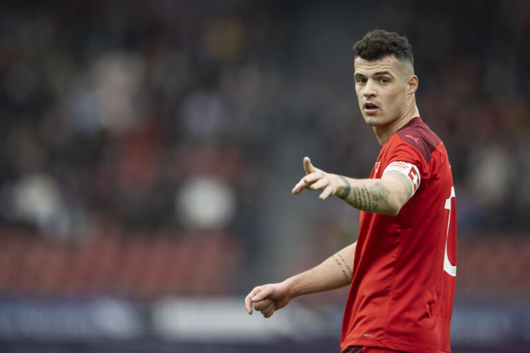 Switzerland's Granit Xhaka reacts during a friendly soccer match between Switzerland and Kosovo in Zurich, Switzerland, on Tuesday, March 29, 2022. (KEYSTONE / Ennio Leanza).