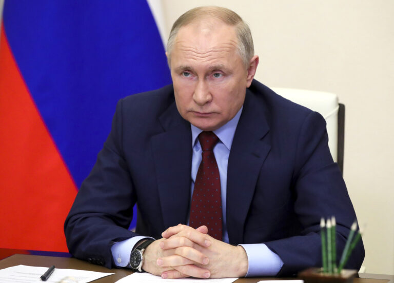 Russian President Vladimir Putin attends a meeting on the development of agricultural and fishing industries via videoconference at the Novo-Ogaryovo state residence outside Moscow, Russia, Tuesday, April 5, 2022. (Mikhail Klimentyev, Sputnik, Kremlin Pool Photo via AP)