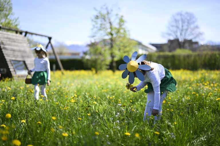 Kinder im Blumenkostuem sammeln Blumen vor dem Umzug am Eierlesefest, am Montag, 18. April 2022, in Oberriet. Am Fest wird das Erwachen der Natur und der Sieg des Fruehlings ueber den Winter gefeiert, verkoerpert durch den Kampf zwischen verkleideten Gestalten, den 