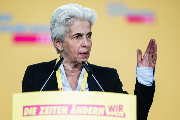 epa09904195 Marie-Agnes Strack-Zimmermann, member of Free Democratic Party (FDP) board and Chairwoman of Bundestag Defense Committee, delivers her speech during a party convention of Germany's Free Democratic Party (FDP) in Berlin, Germany, 23 April 2022. The liberal Free Democratic Party (FDP) meets for a two-day regular party convention in Berlin. EPA/CLEMENS BILAN