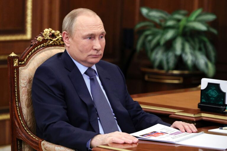 Russian President Vladimir Putin chairs a meeting in Moscow, Russia, Thursday, May 5, 2022. (Mikhail Klimentyev, Sputnik, Kremlin Pool Photo via AP)