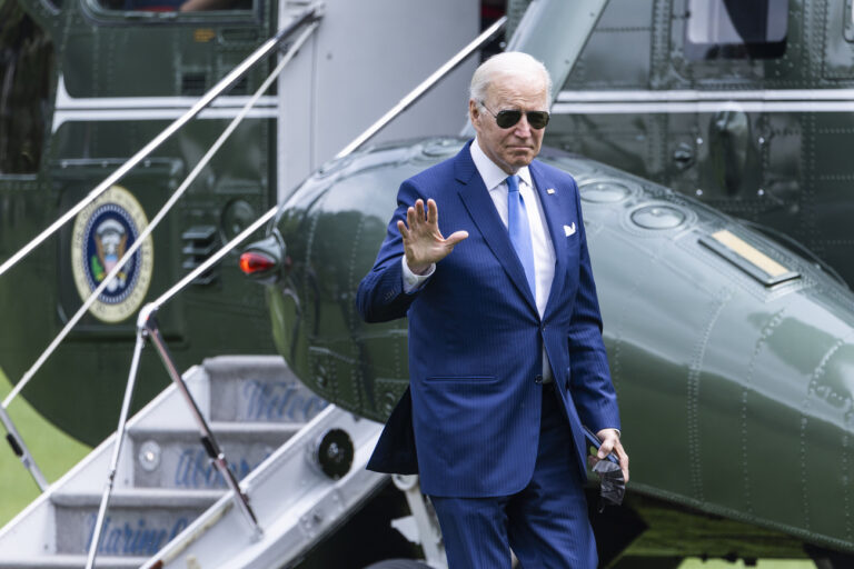 President Joe Biden returns to the White House from Andrews Air Force Base, where he attended a briefing on Hurricane preparedness, in Washington, DC on Wednesday, May 18, 2022. Photo by Jim Lo Scalzo/Pool Photo via Newscom (KEYSTONE/NEWSCOM/JIM LO SCALZO)