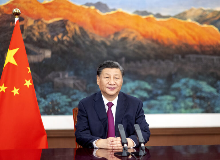 (220519) -- BEIJING, May 19, 2022 (Xinhua) -- Chinese President Xi Jinping delivers a video address at the opening session of the BRICS Foreign Ministers' Meeting, May 19, 2022. (Xinhua/Li Xueren) (KEYSTONE/XINHUA/Li Xueren)