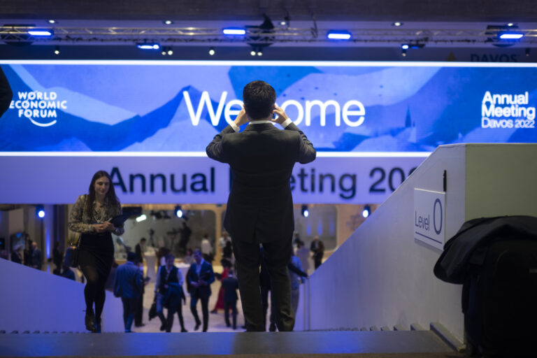 Participants gather at the 51st annual meeting of the World Economic Forum, WEF, on Sunday, May 22, 2022, in Davos, Switzerland. The forum has been postponed due to the Covid-19 outbreak and was rescheduled to early summer. (KEYSTONE/Gian Ehrenzeller).