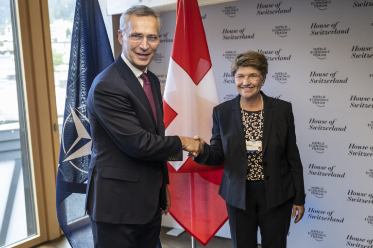 Jens Stoltenberg, Secretary-General, North Atlantic Treaty Organization, left, meets with Swiss Federal Councillor and defense minister Viola Amherd, for bilateral talks in the House of Switzerland during the 51st annual meeting of the World Economic Forum, WEF, in Davos, Switzerland, on Tuesday, May 24, 2022. The forum has been postponed due to the Covid-19 outbreak and was rescheduled to early summer. The meeting brings together entrepreneurs, scientists, corporate and political leaders in Davos under the topic 