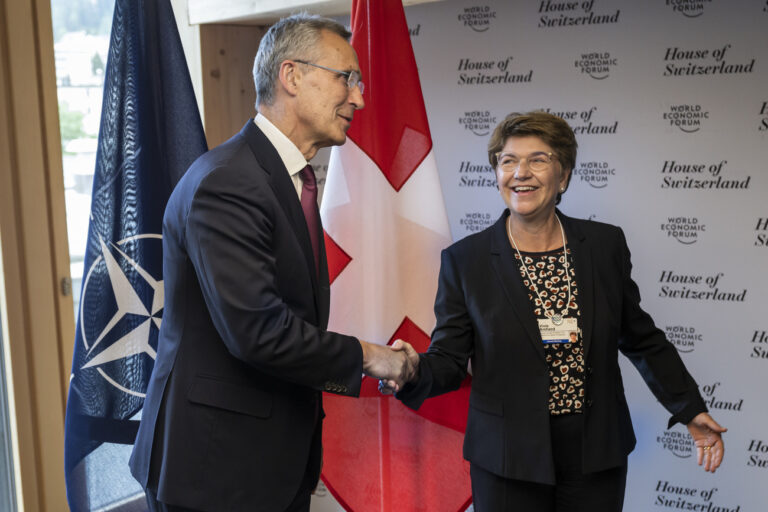 Jens Stoltenberg, Secretary-General, North Atlantic Treaty Organization, left, meets with Swiss Federal Councillor and defense minister Viola Amherd, for bilateral talks in the House of Switzerland during the 51st annual meeting of the World Economic Forum, WEF, in Davos, Switzerland, on Tuesday, May 24, 2022. The forum has been postponed due to the Covid-19 outbreak and was rescheduled to early summer. The meeting brings together entrepreneurs, scientists, corporate and political leaders in Davos under the topic 